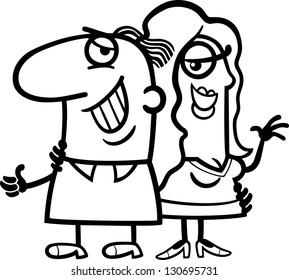 Black and White Cartoon Vector Illustration of Happy Man and Woman Couple in Love for Coloring Book