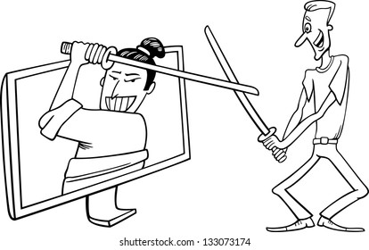 Black and White Cartoon Vector Illustration of Funny Man Fighting with Samurai or Watching Interactive Digital Television or Playing Video Game