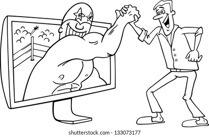 Black and White Cartoon Vector Illustration of Funny Man with Wrestler for tv or Watching Interactive Digital Television or Playing Video Game