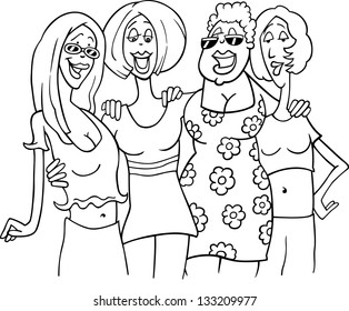 Black and White Cartoon Vector Illustration of Four Women Friends Meeting