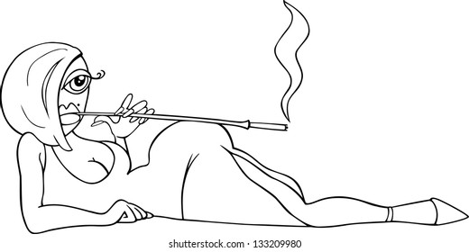 Black and White Cartoon Vector Illustration of Sexy Woman in Dress with Cigarette