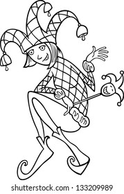 Black and White Cartoon Vector Illustration of Woman in Jester or Joker Costume