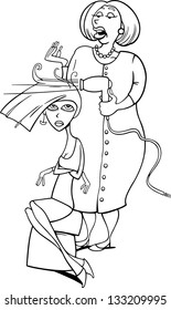 Black and White Cartoon Vector Illustration of Resigned Young Woman and her Toxic Mother