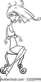 Black and White Cartoon Vector Illustration of Cute Young Woman Sitting on Vintage Chair