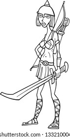 Black and White Cartoon Vector Illustration of Warrior Woman or Sexy Girl in Knight Costume