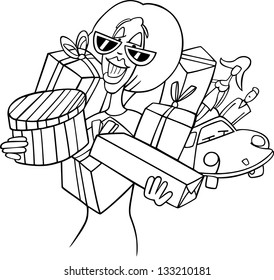 Black and White Cartoon Vector Illustration of Happy Woman Doing Big Shopping