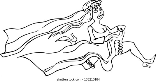 Black and White Cartoon Vector Illustration of Running Bride Woman in White Dress