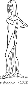 Black and White Cartoon Vector Illustration of Beautiful Sexy Woman in Dress or Gown
