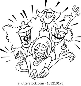 Black and White Cartoon Vector Illustration of Women Group Having Fun and Laughing