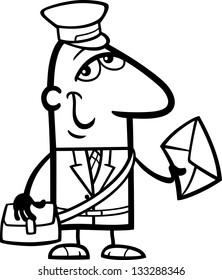 Black and White Cartoon Vector Illustration of Funny Postman with Letter Profession Occupation for Coloring Book