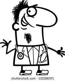 Black and White Cartoon Vector Illustration of Funny Male Doctor with Stethoscope Profession Occupation for Coloring Book