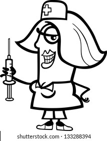 Black and White Cartoon Vector Illustration of Funny Female Nurse with Syringe Profession Occupation for Coloring Book