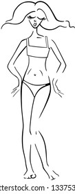 Black and White Cartoon Vector Illustration of Cute Pretty Woman in Bikini or Swimsuit or Swimwear