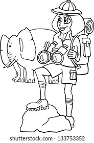 Black and White Cartoon Vector Illustration of Cute Woman Traveler on African Safari with Elephant for Coloring