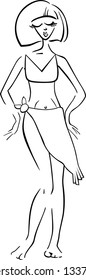 Black and White Cartoon Vector Illustration of Cute Pretty Woman in Bikini or Swimsuit or Swimwear