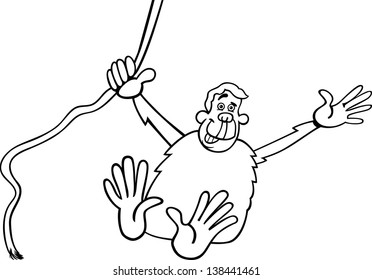 Black and White Cartoon Vector Illustration of Funny Chimpanzee Ape in the Jungle for Coloring Book