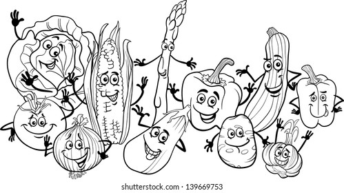 Black and White Cartoon Vector Illustration of Happy Vegetables Food Characters Big Group for Coloring Book