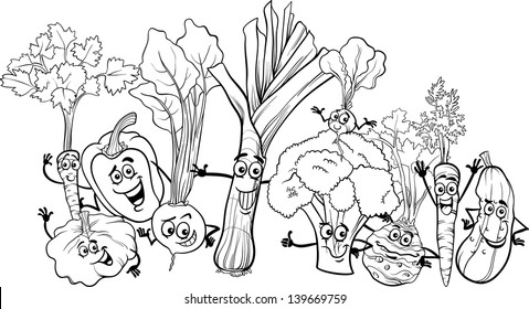 Black and White Cartoon Vector Illustration of Funny Vegetables Food Characters Big Group for Coloring Book