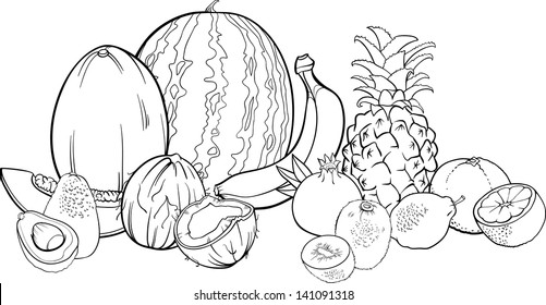 Black and White Cartoon Vector Illustration of Tropical Fruits Food Design for Coloring Book