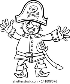 Black and White Cartoon Vector Illustration of Funny Pirate Captain with Eye Patch and Jolly Roger for Coloring Book for Children