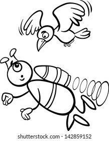 Black and White Cartoon Vector Illustration of Funny Alien or Martian Comic Character Flying with Bird for Coloring Book