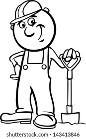 Black and White Cartoon Vector Illustration of Man Worker or Workman with Spade or Shovel for Children to Coloring Book