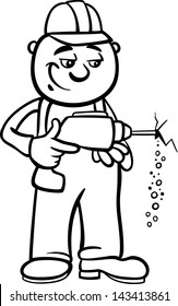Black and White Cartoon Vector Illustration of Man Worker or Workman Drilling with Electric Drill for Children to Coloring Book