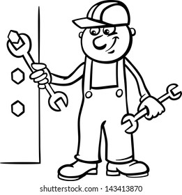 Black and White Cartoon Vector Illustration of Man Worker or Workman Screw Down a Bolt with Wrench for Children to Coloring Book