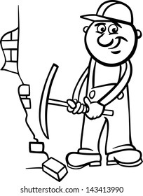Black and White Cartoon Vector Illustration of Man Worker or Workman Demolishing Brick Wall with a Pick Axe for Children to Coloring Book