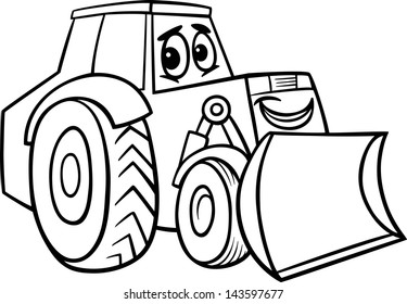 Black and White Cartoon Vector Illustration of Funny Bulldozer Machine Comic Mascot Character for Children to Coloring Book