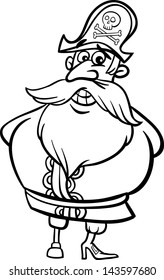 Black and White Cartoon Vector Illustration of Funny Pirate or Corsair Captain with Peg Leg and Jolly Roger for Children to Coloring Book