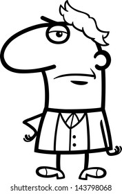 Black and White Cartoon Vector Illustration of Funny Skeptic or Calm Man Comic Character