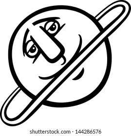 Black and White Cartoon Vector Illustration of Funny Uranus Planet Comic Mascot Character for Children to Coloring Book