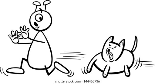 Black and White Cartoon Vector Illustration of Funny Alien or Martian Comic Character Running Away form Dog to Coloring Book