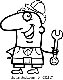 Black and White Cartoon Vector Illustration of Funny Manual Worker with Wrench Profession Occupation Coloring Page