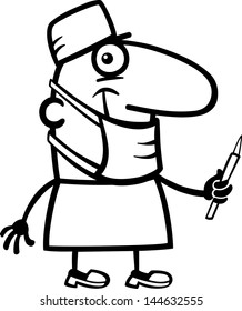 Black and White Cartoon Vector Illustration of Funny Surgeon Doctor with Scalpel Profession Occupation Coloring Page