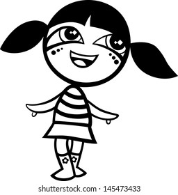 Black and White Cartoon Vector Illustration of Kawaii Style Cute Little Girl to Coloring Book