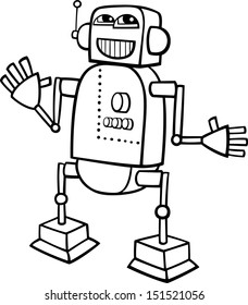 Black and White Cartoon Vector Illustration of Happy Robot or Droid for Children to Coloring Book