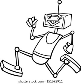Black and White Cartoon Vector Illustration of Funny Running Robot or Droid for Children to Coloring Book