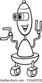 Black and White Cartoon Vector Illustration of Happy Robot or Droid on Wheels for Children to Coloring Book