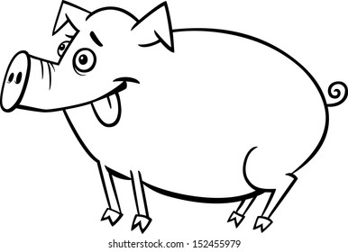 Black and White Cartoon Vector Illustration of Cute Pig Farm Animal for Children to Coloring