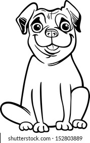 Black and White Cartoon Vector Illustration of Cute Purebred Pug Dog for Children to Coloring Book