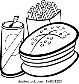 Black and White Cartoon Vector Illustration of Fast Food Set with Hamburger and French Fries and Soda Clip Art for Coloring Book