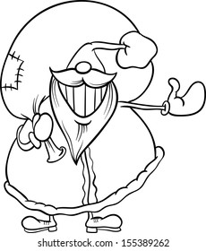 Black and White Cartoon Vector Illustration of Funny Santa Claus Character with Sack Full of Christmas Presents and Gifts for Coloring Book