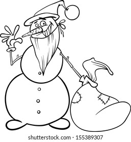Black and White Cartoon Vector Illustration of Snowman as Santa Claus Character with Sack Full of Christmas Presents and Gifts for Coloring Book