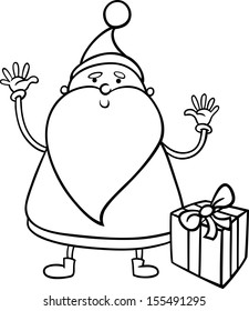 Black and White Cartoon Vector Illustration of Cute Santa Claus Christmas Character with Present or Gift for Coloring Book