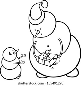 Black and White Cartoon Vector Illustration of Snowman as Santa Claus Character giving Christmas Present or Gift to Little One for Coloring Book