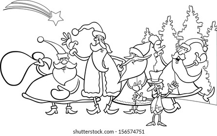 Black and White Cartoon Vector Illustration of Santa Claus Group with Elf Christmas Characters for Coloring Book