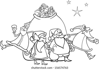 Black and White Cartoon Vector Illustration of Santa Claus Group Christmas Characters with Big Sack of Gifts for Coloring Book