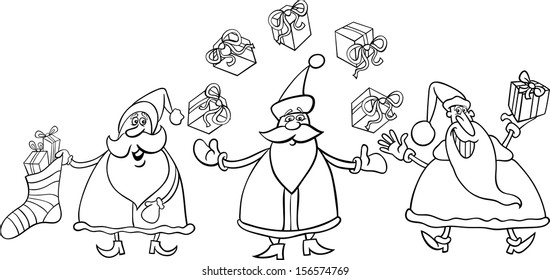 Black and White Cartoon Vector Illustration of Santa Claus Characters Group with Christmas Presents or Gifts for Coloring Book